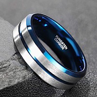 Greenpod 8Mm Tungsten Ring For Men Women Blue Thin Groove Line Dome Brushed Comfort Fit Wedding Band Size 85