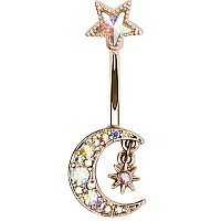 Pierce2Go Crystal Moon Belly Button Ring 14G Surgical Steel Belly Button Ring Moon Pendant With Hanging Star Belly Button Ri