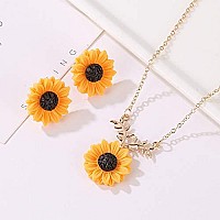 Sunflower Necklace And Earring Set Sunflower Pearl Resin Boho Long Drop Handmade Pendant Necklace Choker With Sunflower Resin E