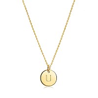 Bemoly Initial Necklace For Women Round 11Mm Coin Disc Double Side Engraved Letter U Hammered Pendant 14K Gold Plated Personaliz