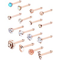 Jovitec 16 Pieces Rose Gold Nose Stud Set Steel Nose Ring Studs Cartilage Tragus Piercing Rose Ball Labret Jewelry For Party Wea