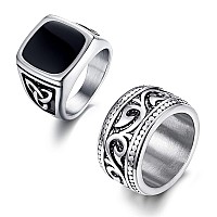 Finrezio 2Pcs Stainless Steel Rings For Men Vintage Biker Signet Band Ring Set Size 71310