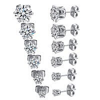 Gemsme 18K White Gold Plated Round Cubic Zirconia Stud Earrings Pack Of 6