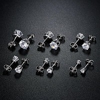 Gemsme 18K White Gold Plated Round Cubic Zirconia Stud Earrings Pack Of 6