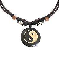 Surfer Cord Necklace With Ying Yang Carved Bone Pendant Fully Adjustable Black Green Cord