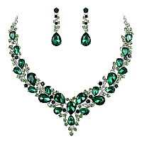 Brilove Wedding Bridal Necklace Earrings Jewelry Set For Women Austrian Crystal Teardrop Cluster Statement Necklace Dangle Earri