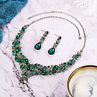 Brilove Wedding Bridal Necklace Earrings Jewelry Set For Women Austrian Crystal Teardrop Cluster Statement Necklace Dangle Earri