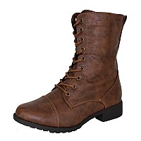 Forever Link Womens Mango Round Toe Military Lace Up Knit Ankle Cuff Low Heel Combat Boots Brown 6 Bm Us