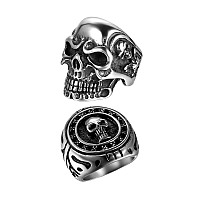 Oidea 2Pcs Bikers Stainless Steel Gothic Skulls Ringbiker Ringsblack Silver Size 12 Halloween Decorations