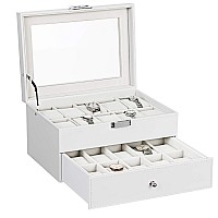 Bewishome Watch Box Organizer 20 Men Women Watch Case Display Storage Holder Metal Hinge White Pu Leather Glass Top Large Holder