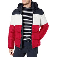 Tommy Hilfiger Mens Big Tall Hooded Puffer Jacket Midnightwhitered Xlarge Tall