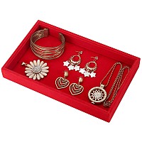 Valyria Velvet Empty Ring Earrings Tray Box Showcase Display Jewelry Organizer Red