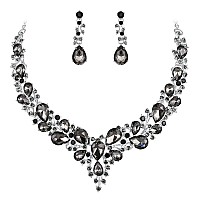 Brilove Wedding Bridal Necklace Earrings Jewelry Set For Women Austrian Crystal Teardrop Cluster Statement Necklace Dangle Earri