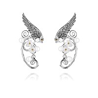 Yolmina Elf Ear Cuffs Handmade Clip On Earrings Pearl Wing Tassel Filigree Elven Earrings For Women Fantasy Fairy Halloween