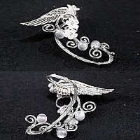 Yolmina Elf Ear Cuffs Handmade Clip On Earrings Pearl Wing Tassel Filigree Elven Earrings For Women Fantasy Fairy Halloween