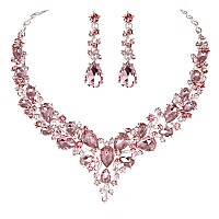 Molie Bridal Austrian Crystal Necklace And Earrings Jewelry Set Gifts Fit With Wedding Dress Light Pink