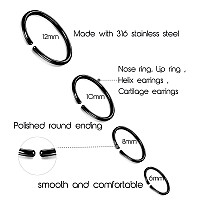 Loyallook 18Pcs 20G 316L Stainless Steel Nose Ring Hoop Cartilage Hoop Septum Piercing 612Mm I24Pcs Black Tone