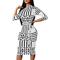 Women Sexy Bussiness Dress Turtlenck Long Sleeve Stripes Bandage Stretchable Midi Work Suiting Zipper Back