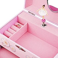 Rr Round Rich Design Kids Musical Jewelry Box For Girls With Drawer And Jewelry Set With Ballerina Theme Swan Lake Tune Pink