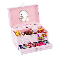 Rr Round Rich Design Kids Musical Jewelry Box For Girls With Drawer And Jewelry Set With Ballerina Theme Swan Lake Tune Pink