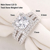 Wuziwen 4Ct Engagement Ring For Women Sterling Silver Cubic Zirconia Wedding Band Bridal Set Size 8