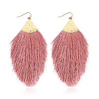 Bohemian Silky Thread Fan Fringe Tassel Statement Earrings Lightweight Strand Feather Shape Dangles Feather Fringe Dusty Pi