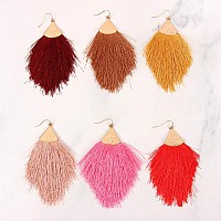 Bohemian Silky Thread Fan Fringe Tassel Statement Earrings Lightweight Strand Feather Shape Dangles Feather Fringe Dusty Pi