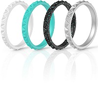 Thunderfit Womens Triangle Diamond Stackable Rings 4 Pack Thin Silicone Wedding Rings Black Teal Glitter Teal Women Silver W