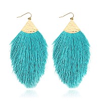 Bohemian Silky Thread Fan Fringe Tassel Statement Earrings Lightweight Strand Feather Shape Dangles Feather Fringe Turquois