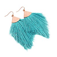 Bohemian Silky Thread Fan Fringe Tassel Statement Earrings Lightweight Strand Feather Shape Dangles Feather Fringe Turquois