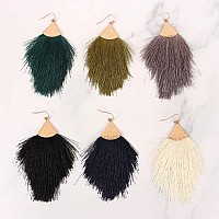 Bohemian Silky Thread Fan Fringe Tassel Statement Earrings Lightweight Strand Feather Shape Dangles Feather Fringe Turquois