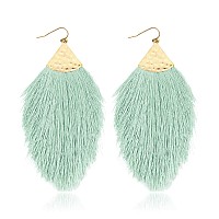 Bohemian Silky Thread Fan Fringe Tassel Statement Earrings Lightweight Strand Feather Shape Dangles Feather Fringe Mint