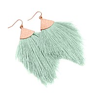 Bohemian Silky Thread Fan Fringe Tassel Statement Earrings Lightweight Strand Feather Shape Dangles Feather Fringe Mint