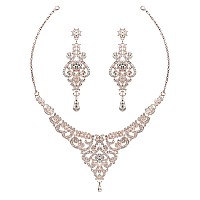 Hapibuy Crystal Rose Gold Wedding Jewelry Set Rhinestone Necklace And Earring Set For Women And Brides