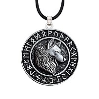 Haquil Viking Wolf Necklace Viking Ancient Runes Medallion With Fenrir Wolf Head Pendant Faux Leather Cord Norse Necklace For