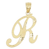 Ice On Fire Jewelry 10K Solid Real Gold Cursive Initial Pendant English Alpahbet Az Letter Charm With Diamond Cut R