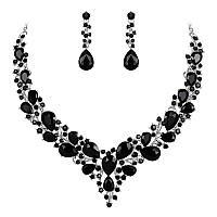 Brilove Wedding Bridal Necklace Earrings Jewelry Set For Women Austrian Crystal Teardrop Cluster Statement Necklace Dangle Earri