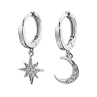 Cz Moon Star Dangle Small Hoop Earrings For Women Girls Sterling Silver With Charms Crystal Asymmetrical Snowflake Crescent Drop