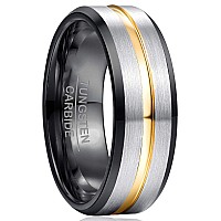 Nuncad Black Tungsten Ring For Men 8Mm Gold Groove Wedding Band Beveled Edge Size 10