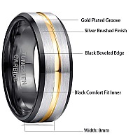 Nuncad Black Tungsten Ring For Men 8Mm Gold Groove Wedding Band Beveled Edge Size 10