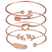 Starain 4Pcs Rose Gold Bracelets For Women Girl Simple Leaf Arrow Feather Knot Heart Bangle Bracelet Adjustable Cuff Bracelet Se