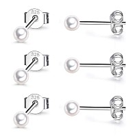 Sterling Silver Stud Earrings For Women Girls Men 3 Pairs 3Mm Tiny Ball Stud Earrings Round Cz Earrings Pearl Earrings Set Cart