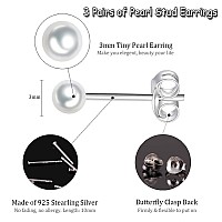 Sterling Silver Stud Earrings For Women Girls Men 3 Pairs 3Mm Tiny Ball Stud Earrings Round Cz Earrings Pearl Earrings Set Cart