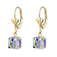 Austrian Crystal Cube Drop Earrings For Women Leverback Dangle Earrings 14K Gold Plated Hypoallergenic Jewelry Aurora Borealis