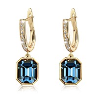 Austrian Crystal Square Leverback Drop Earrings For Women 14K Gold Plated Hypoallergenic Jewelry Blue Crystalgoldtone