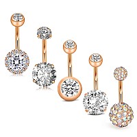 Jforyou 5Pcs Belly Button Rings Stainless Steel 14G Cz Navel Rings Barbells Studs Women Girls Body Piercing Jewelry Rose Gold