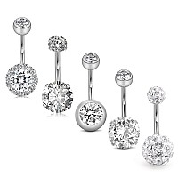 Jforyou 5Pcs Belly Button Rings Stainless Steel 14G Cz Navel Rings Barbells Studs Women Girls Body Piercing Jewelry Silver