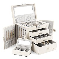 Homde Jewelry Box For Women Girls With Small Travel Case Mirror Necklace Ring Earrings Organizer White Wood Grain