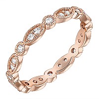 Pavoi 14K Rose Gold Plated Rings Cubic Zirconia Band Round Milgrain Eternity Bands Rose Gold Rings For Women Size 6