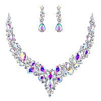 Brilove Wedding Bridal Necklace Earrings Jewelry Set For Women Austrian Crystal Teardrop Cluster Statement Necklace Dangle Earri